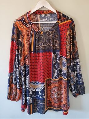 Laura 2X Modern Bohemian Eclectic Patchwork Paisley Keyhole Silky Knit Tunic